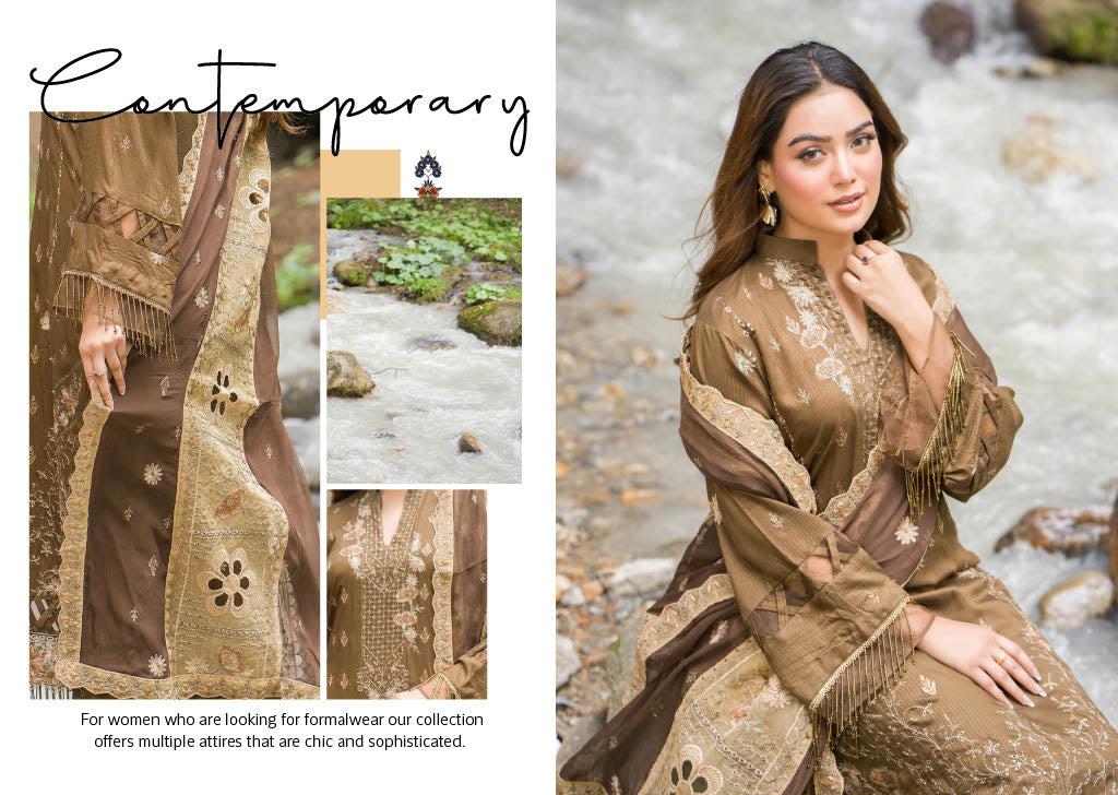 Chic Brown Embroidered Kurti with Elegant Chiffon Dupatta – Perfect for Winter