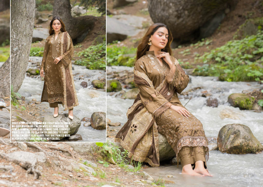 Chic Brown Embroidered Kurti with Elegant Chiffon Dupatta – Perfect for Winter