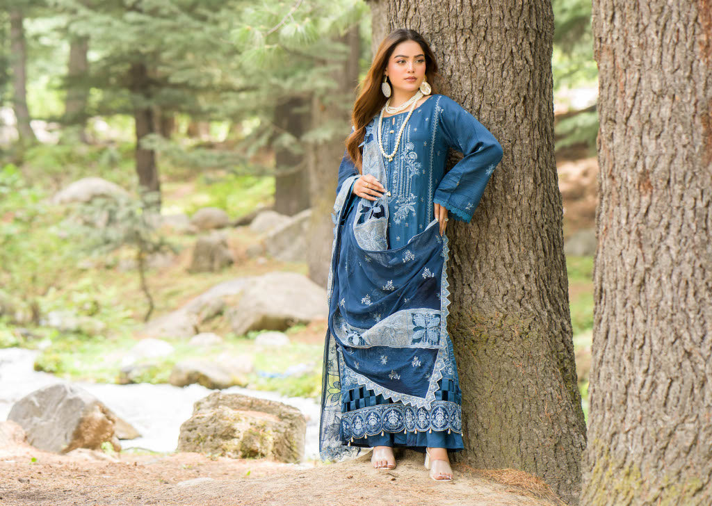 Elegant Blue Embroidered Chikan Kurti with Chiffon Dupatta - Traditional Pakistani Wear