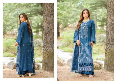 Elegant Blue Embroidered Chikan Kurti with Chiffon Dupatta - Traditional Pakistani Wear
