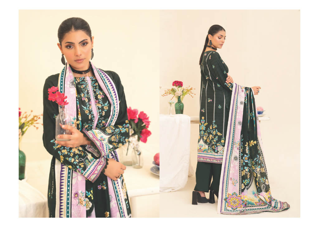 Elegant Black Floral Embroidered Kurti with Multicolor Dupatta – Timeless and Chic