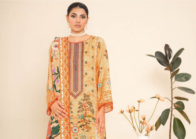 Golden Floral Embroidered Kurti with Vibrant Printed Dupatta – Elegant and Contemporary