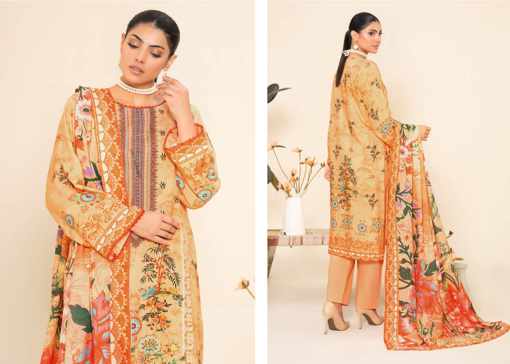 Golden Floral Embroidered Kurti with Vibrant Printed Dupatta – Elegant and Contemporary