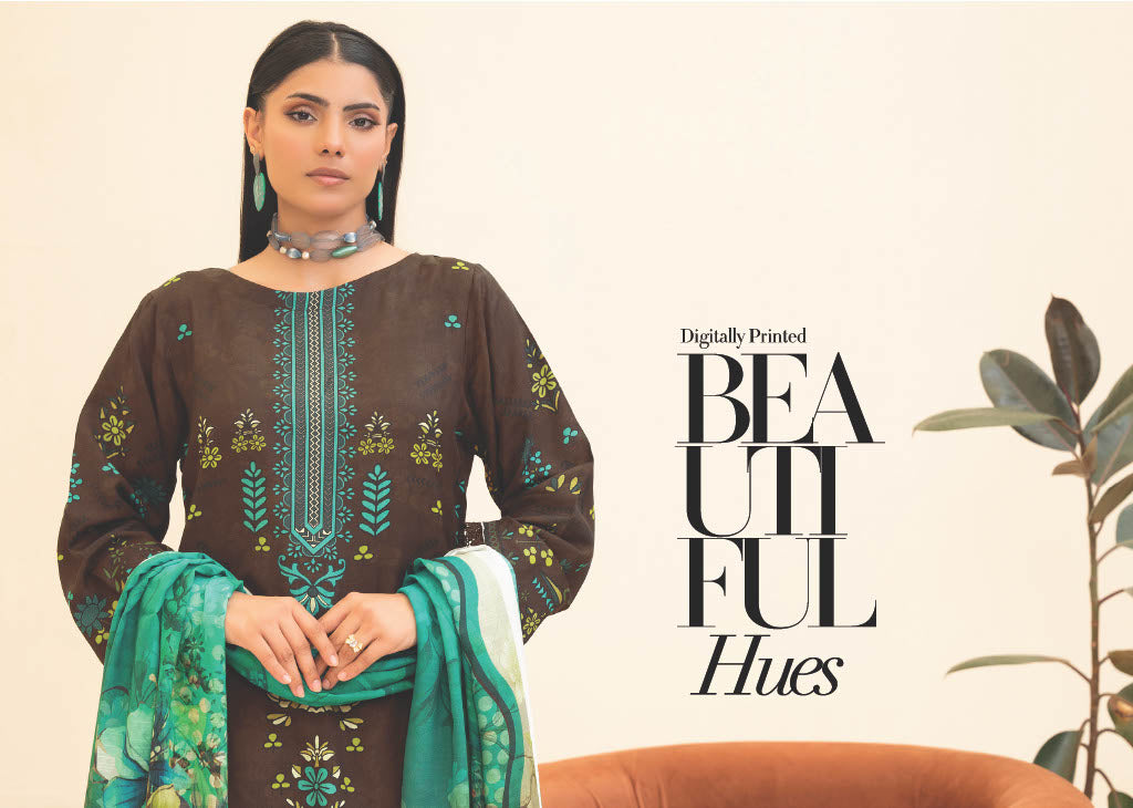 Digitally Printed Brown Kurti with Teal Green Dupatta – Elegant and Bold