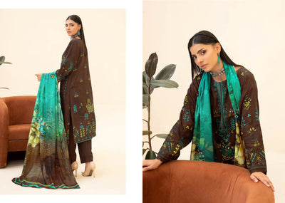 Digitally Printed Brown Kurti with Teal Green Dupatta – Elegant and Bold