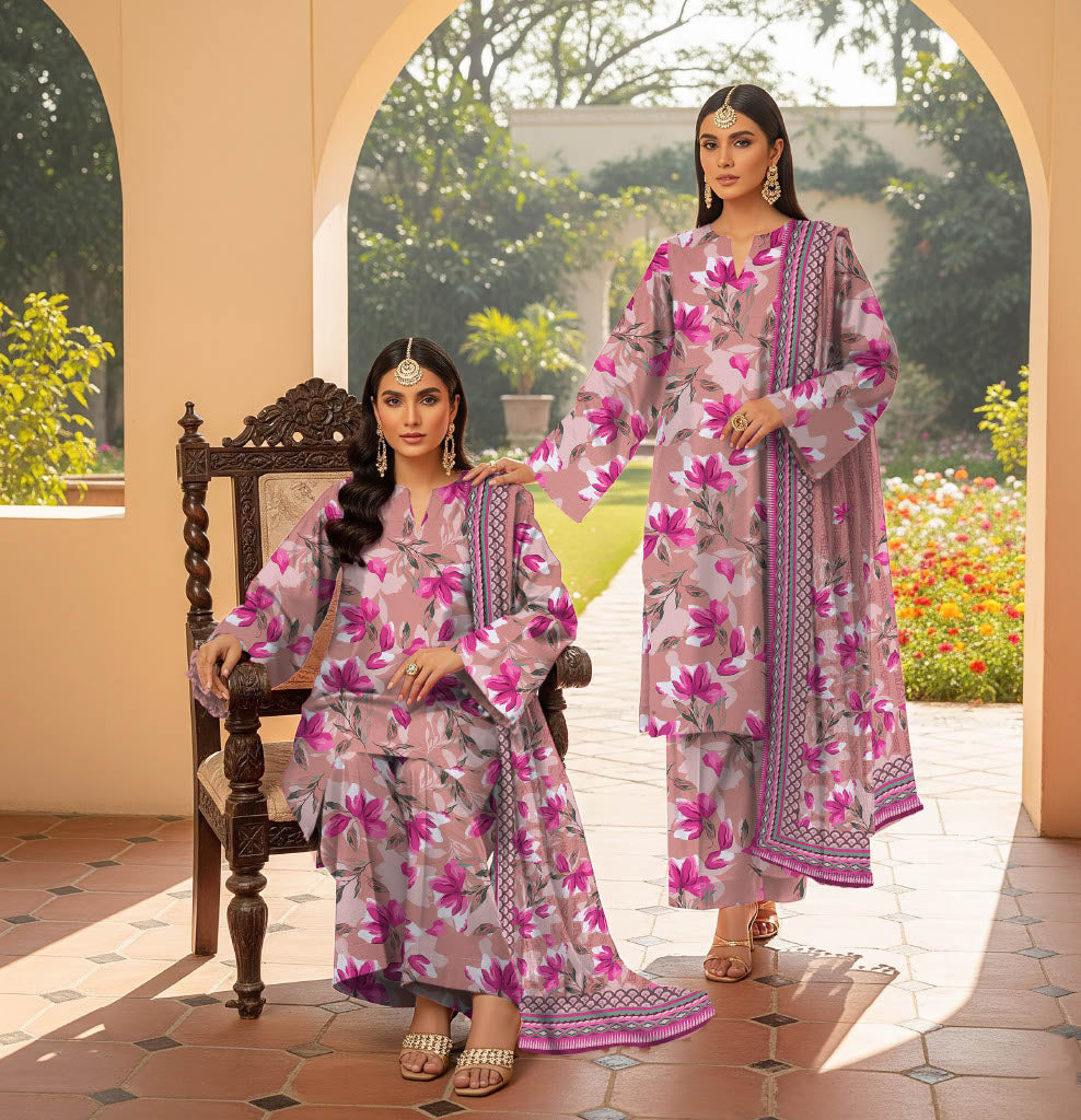Vibrant Pink Floral 3-Piece Suit with Contrast Dupatta – Bold, Beautiful, and Elegant