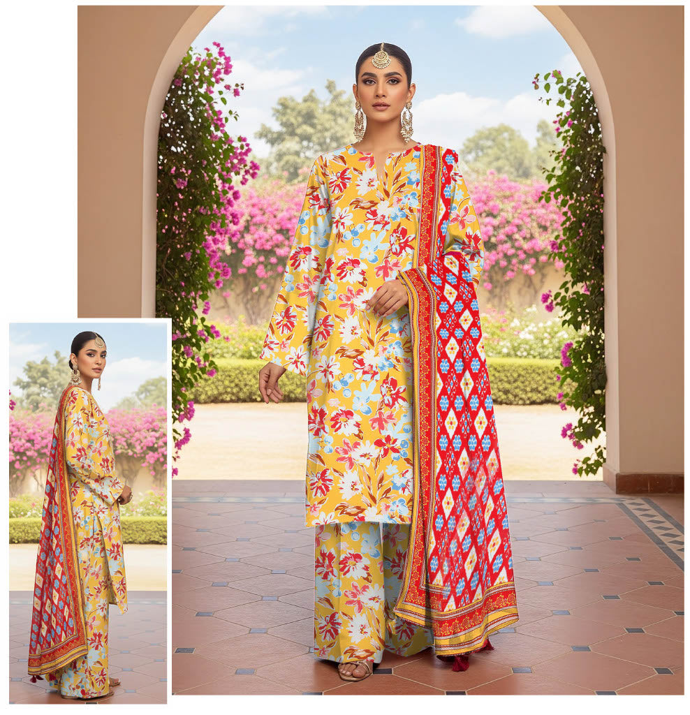 Vibrant Floral 3-Piece Suit with Red & Blue Printed Dupatta – A Perfect Blend of Bright Elegance