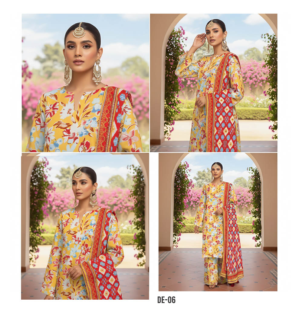 Vibrant Floral 3-Piece Suit with Red & Blue Printed Dupatta – A Perfect Blend of Bright Elegance