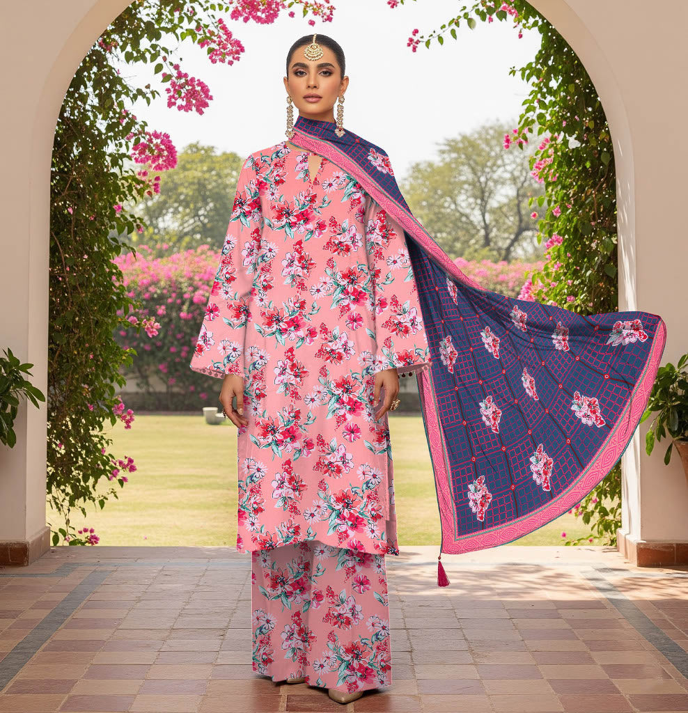 Floral Bliss 3-Piece Suit in Soft Pink with Contrasting Navy Blue Dupatta – Bold Elegance