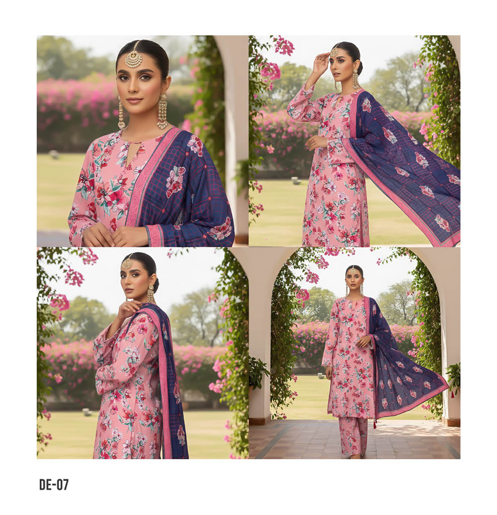 Floral Bliss 3-Piece Suit in Soft Pink with Contrasting Navy Blue Dupatta – Bold Elegance