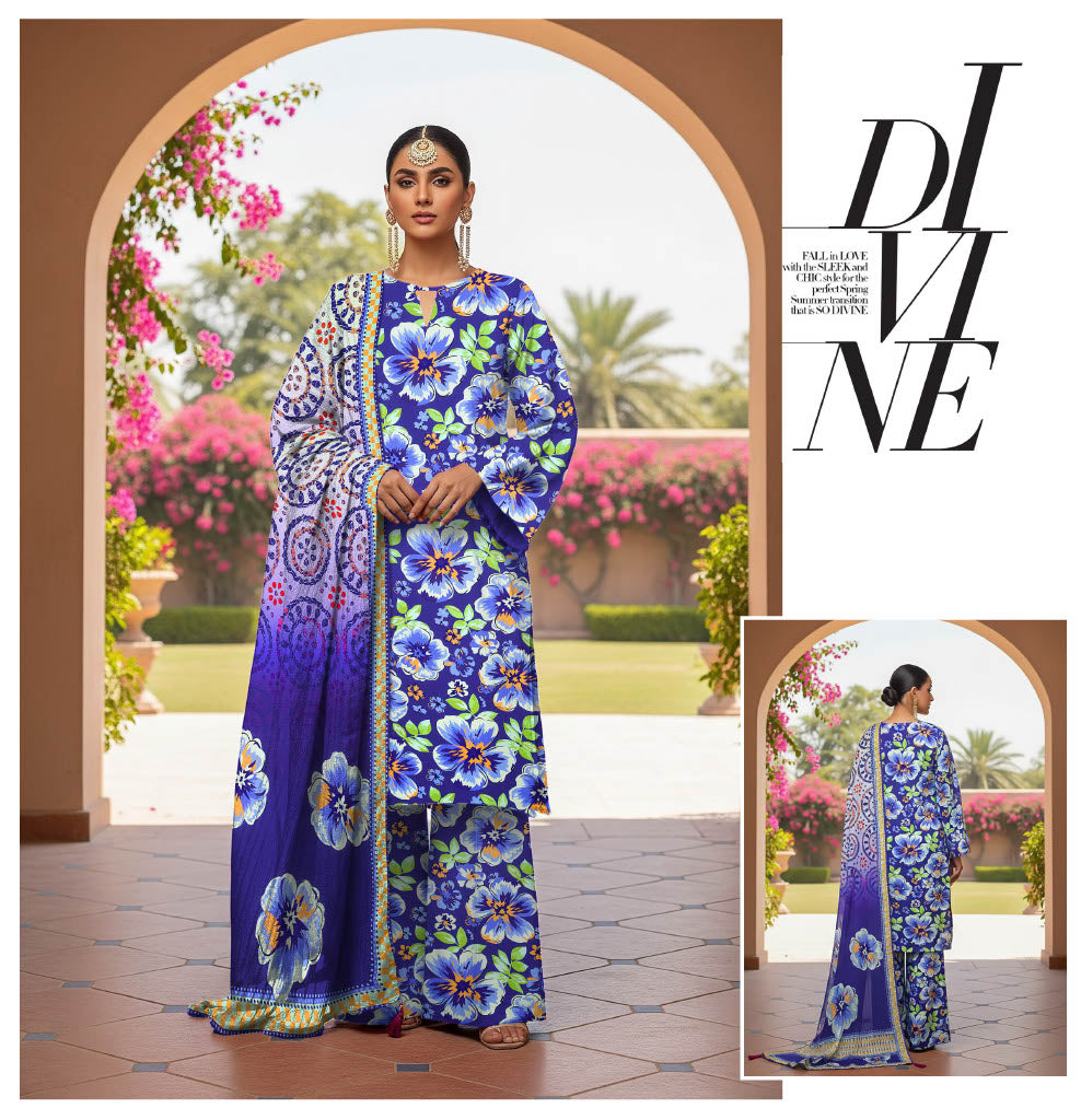 Divine Floral 3-Piece Suit in Rich Blue with Contrasting Dupatta – Bold and Beautiful