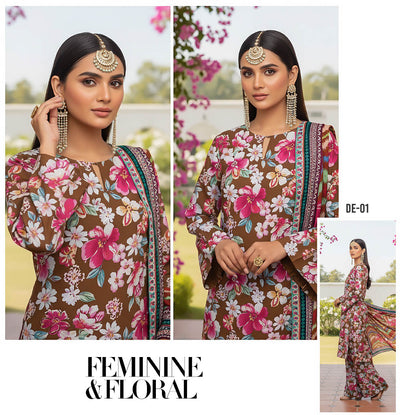 Floral Printed Brown Kurti with Colorful Chevron Dupatta – Elegant and Vibrant