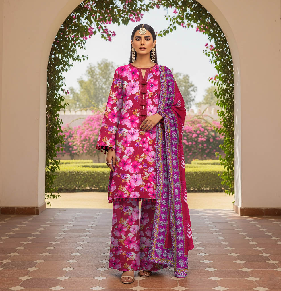 Floral Bliss 3-Piece Suit in Bold Pink with Contrasting Dupatta – A Statement of Elegance