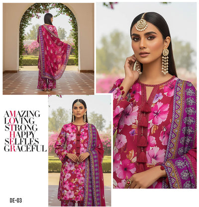 Floral Bliss 3-Piece Suit in Bold Pink with Contrasting Dupatta – A Statement of Elegance