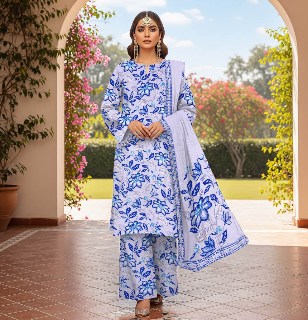 Serene Blue Floral 3-Piece Suit with Contrasting Dupatta – A Timeless Elegance