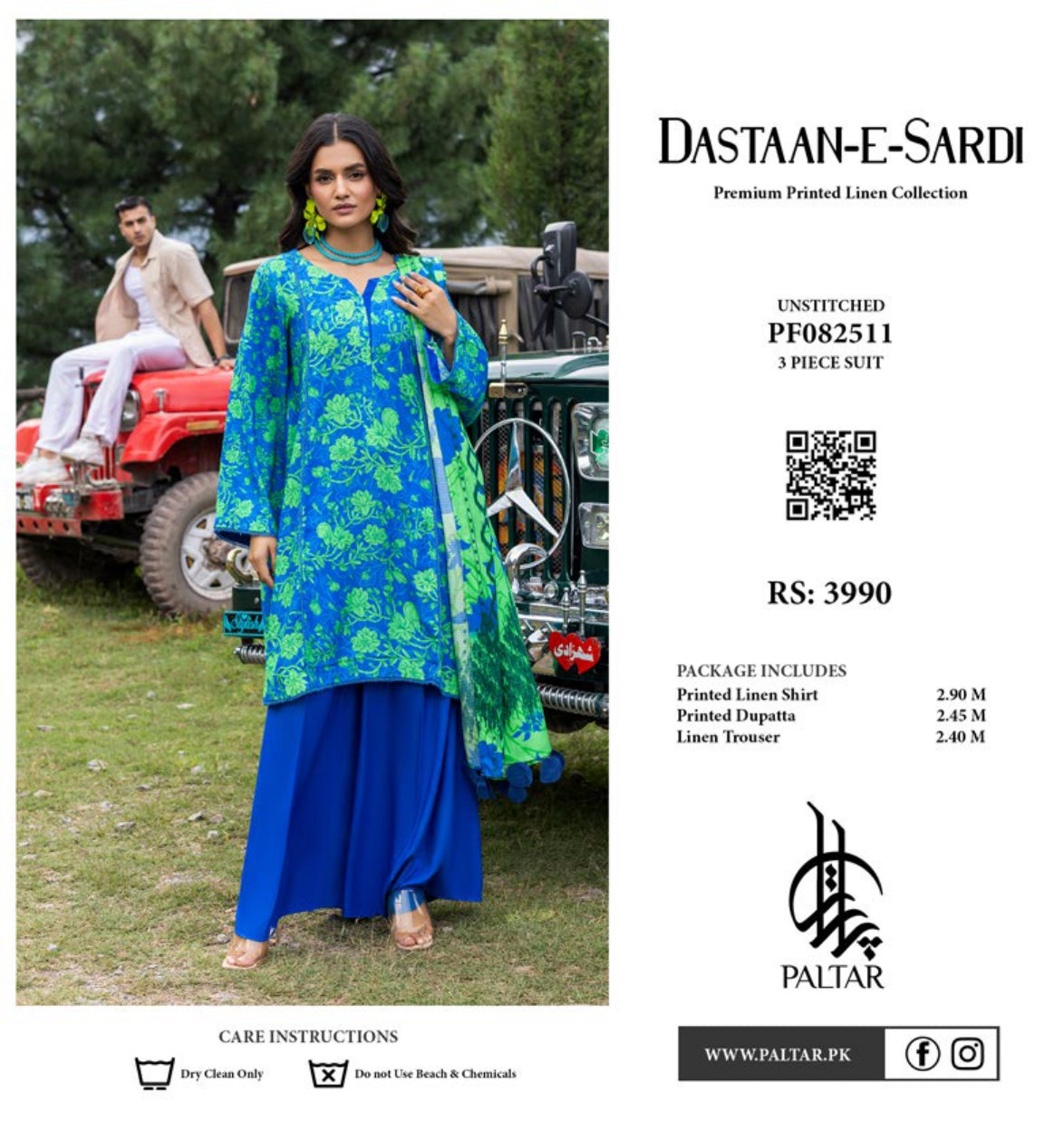 Dastaan-e-Sardi Premium Printed Linen Collection - Unstitched 3 Piece Suit in Blue and Green