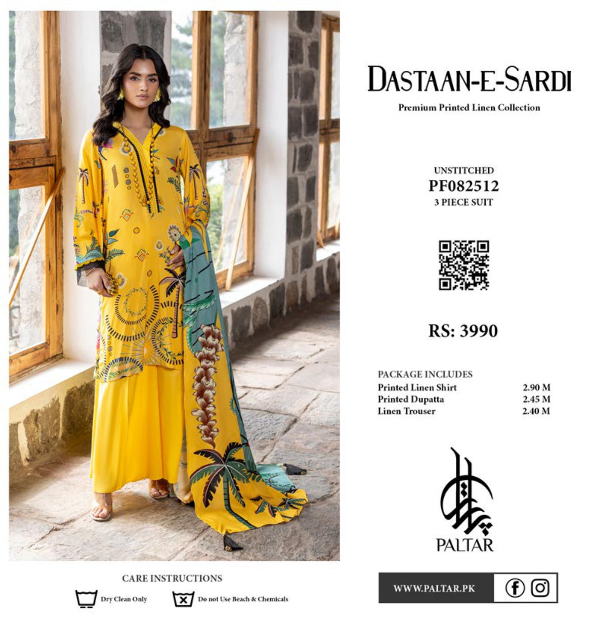 Dastaan-e-Sardi Premium Printed Linen Collection - Unstitched 3 Piece Suit in Yellow and Turquoise