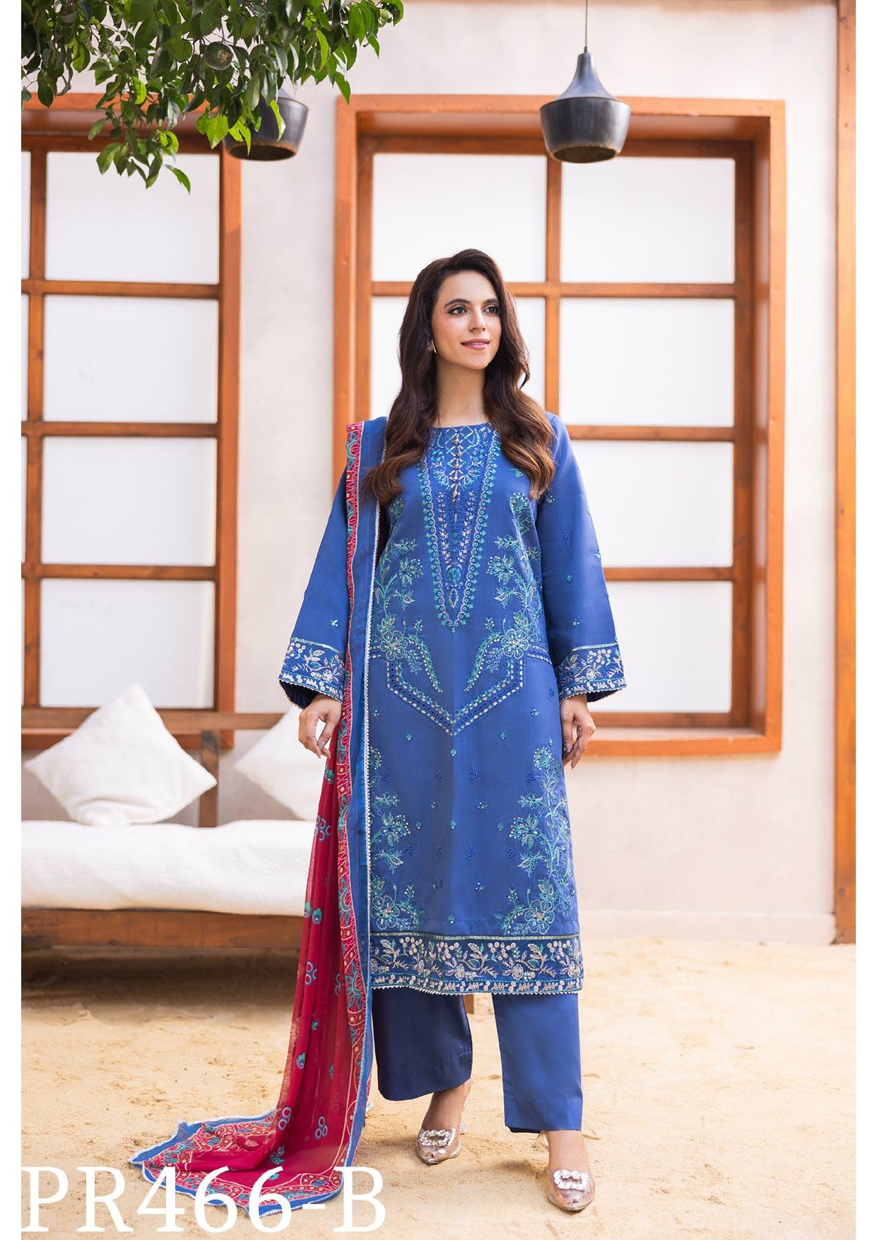 Royal Blue Viscose Embroidered 3-Piece Suit with Intricate Floral Design