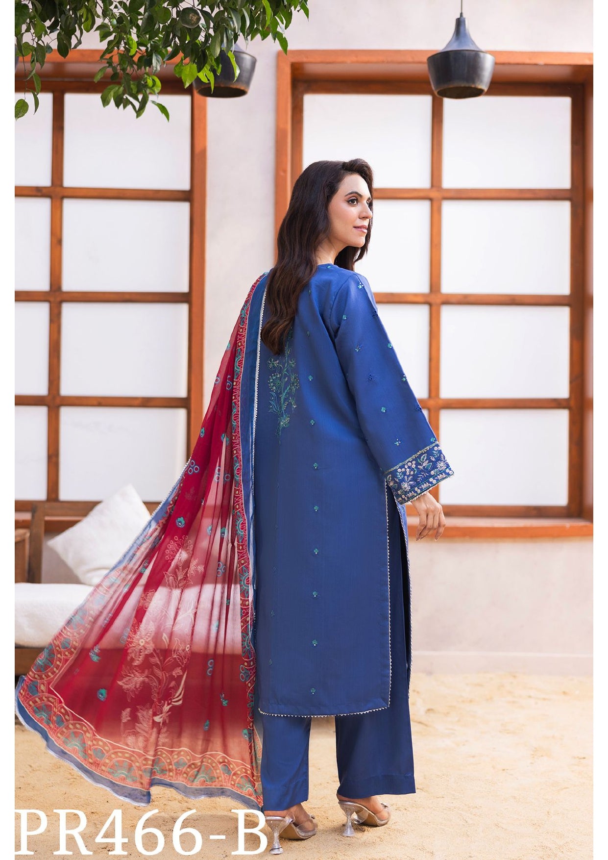 Royal Blue Viscose Embroidered 3-Piece Suit with Intricate Floral Design