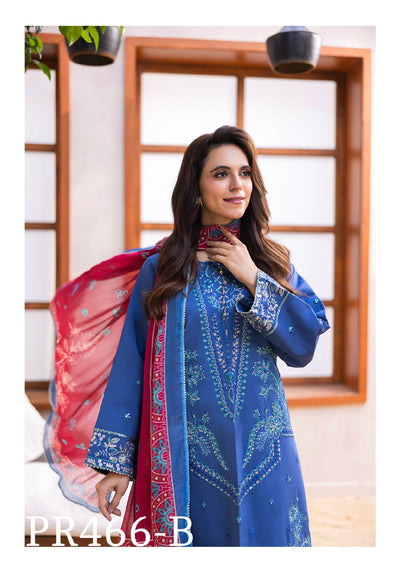 Royal Blue Viscose Embroidered 3-Piece Suit with Intricate Floral Design