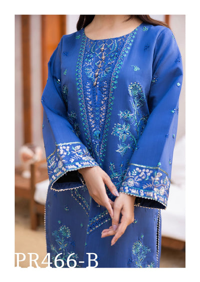 Royal Blue Viscose Embroidered 3-Piece Suit with Intricate Floral Design