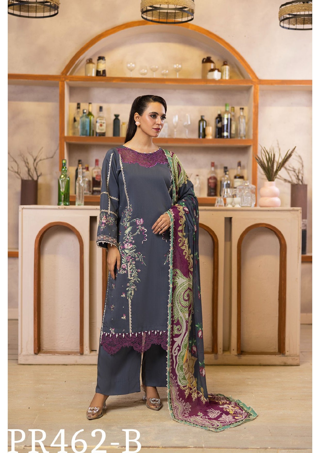 Elegant Gray Embroidered 3-Piece Suit with Rich Colorful Dupatta