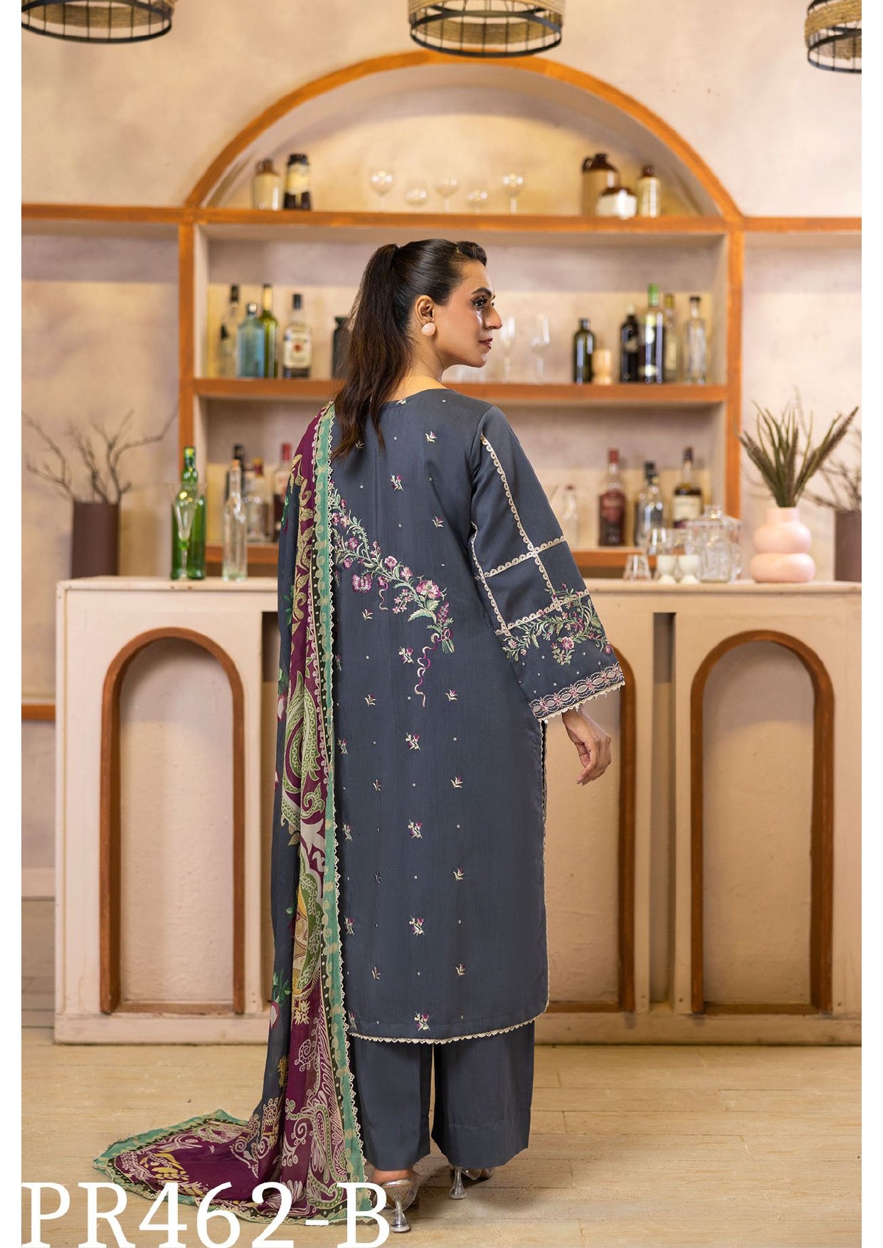 Elegant Gray Embroidered 3-Piece Suit with Rich Colorful Dupatta