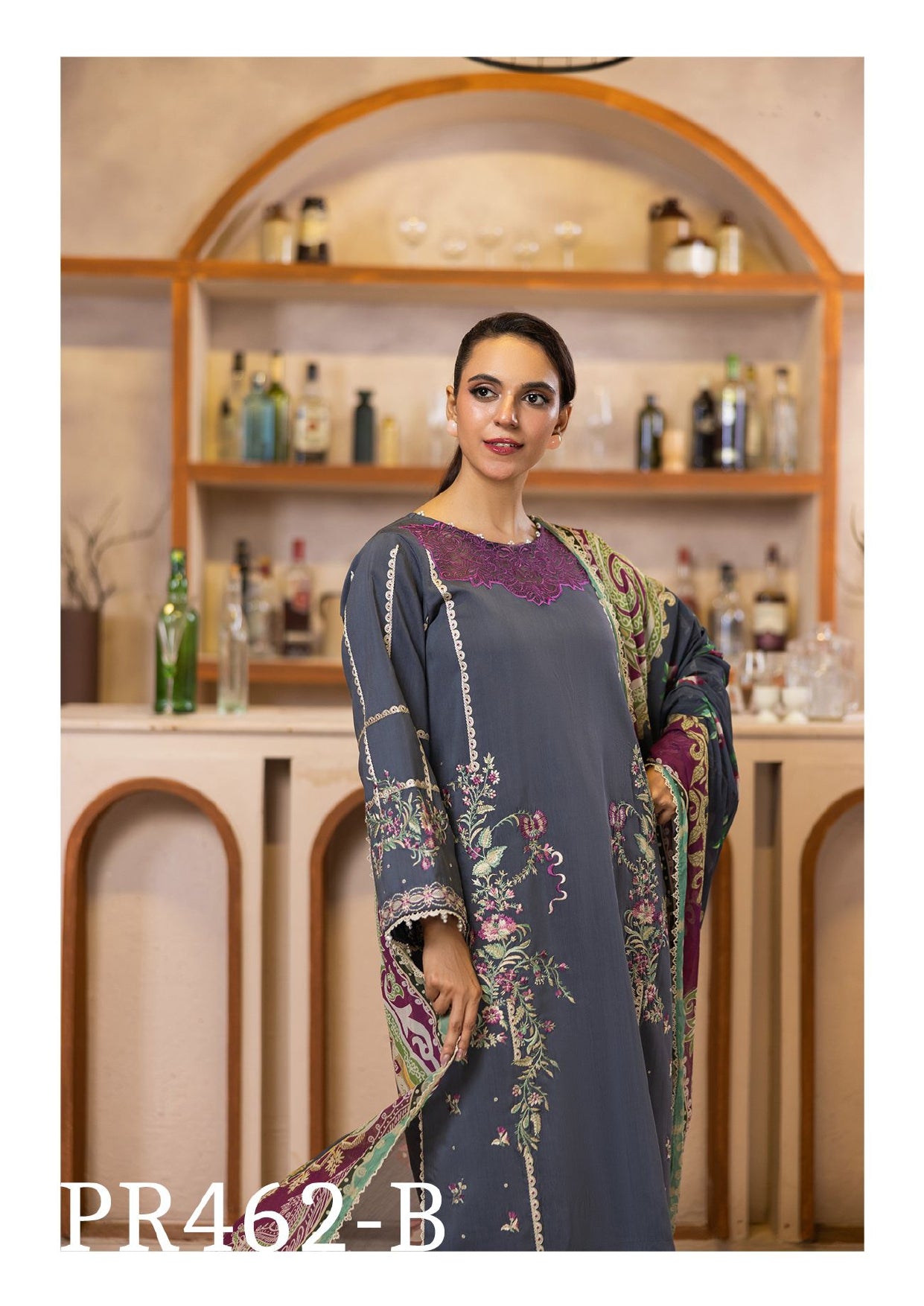 Elegant Gray Embroidered 3-Piece Suit with Rich Colorful Dupatta