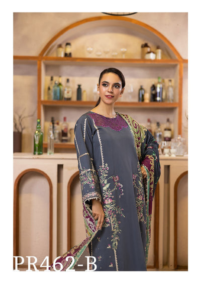 Elegant Gray Embroidered 3-Piece Suit with Rich Colorful Dupatta