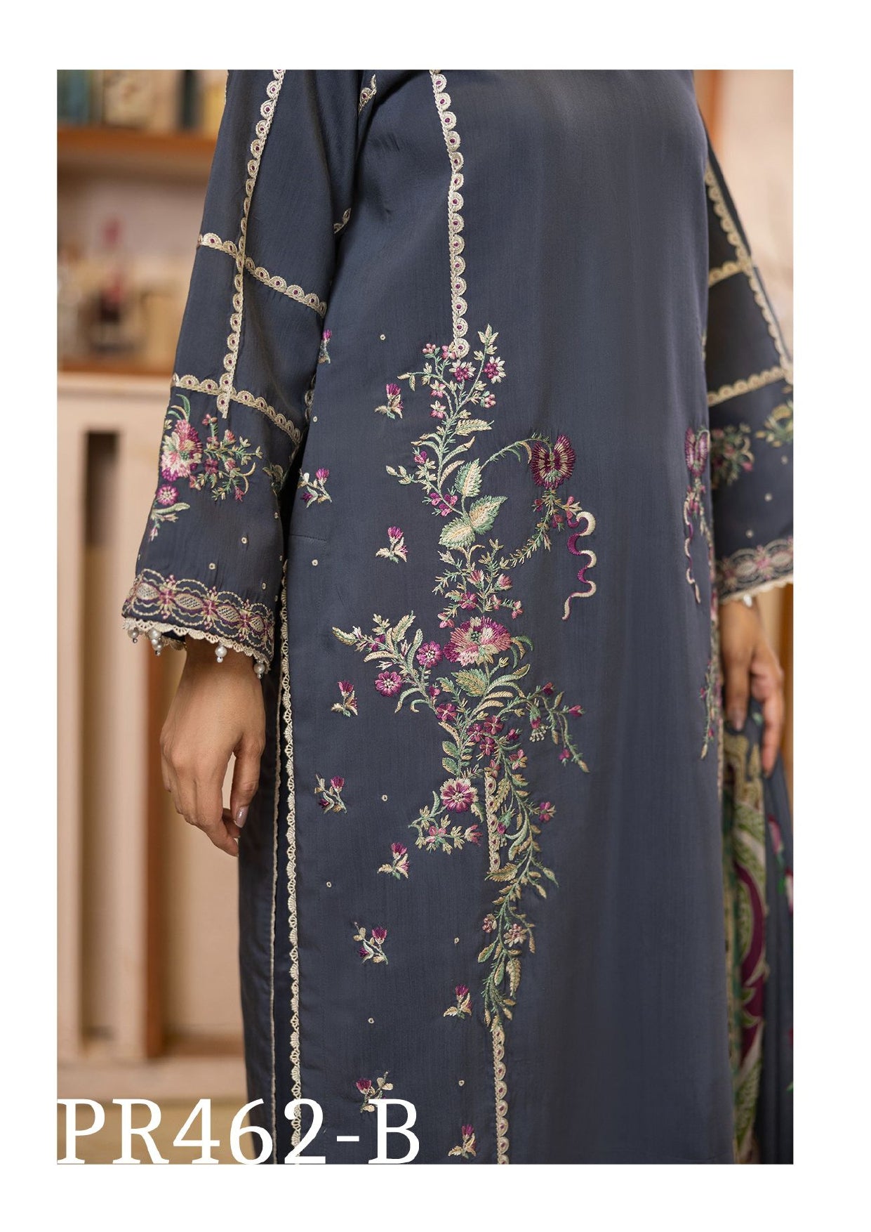 Elegant Gray Embroidered 3-Piece Suit with Rich Colorful Dupatta