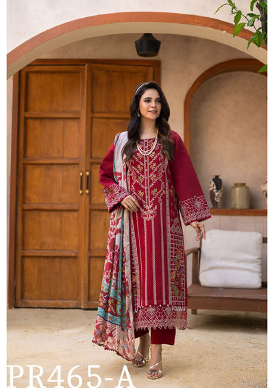 Exquisite Maroon Embroidered 3-Piece Suit with Floral Dupatta