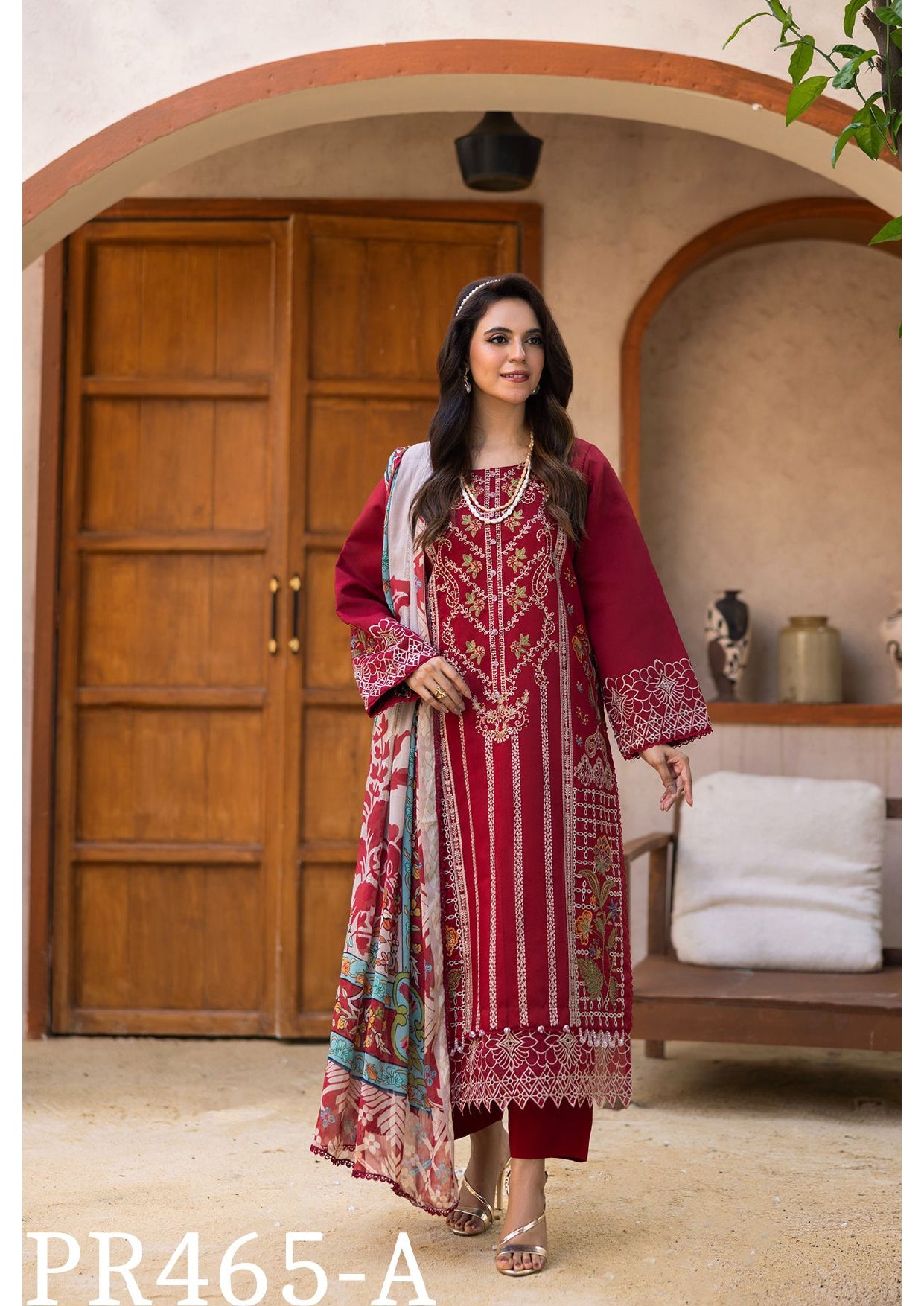 Exquisite Maroon Embroidered 3-Piece Suit with Floral Dupatta