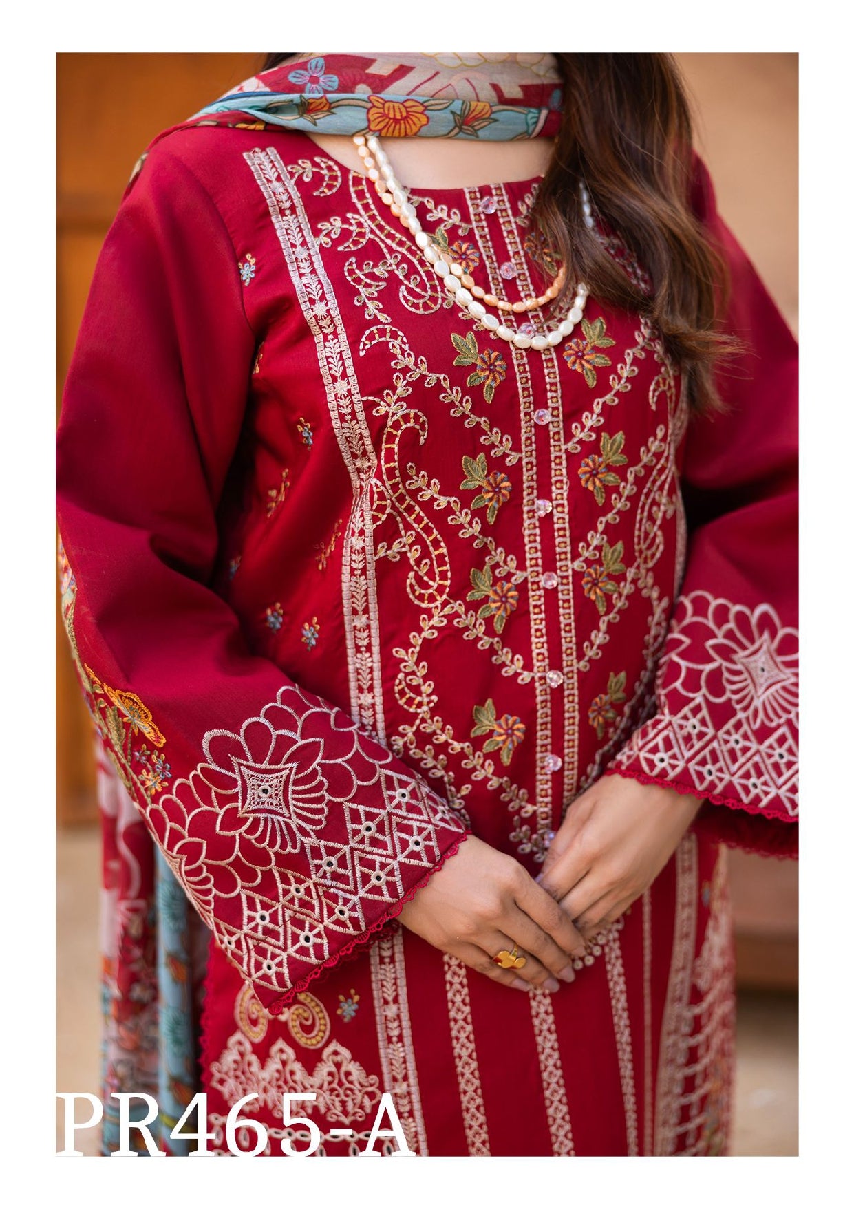Exquisite Maroon Embroidered 3-Piece Suit with Floral Dupatta