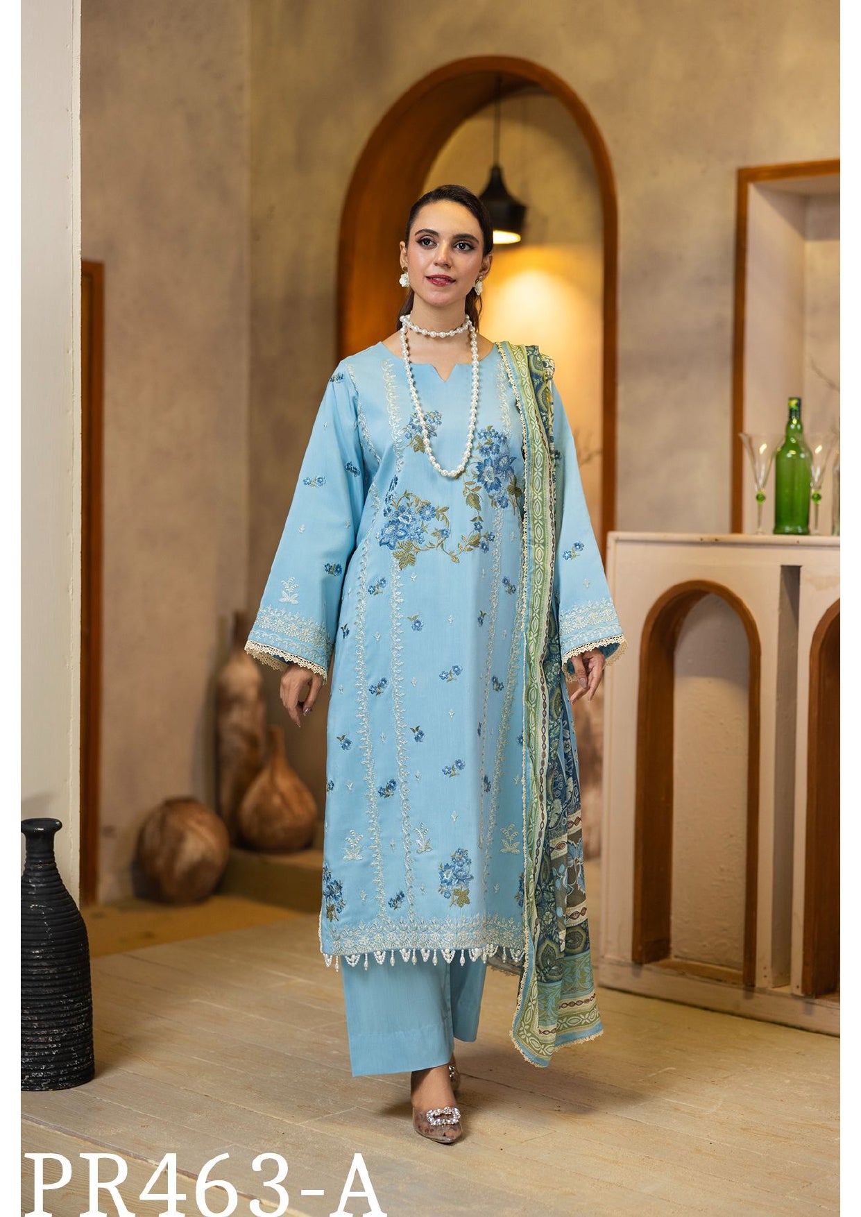 Tranquil Blue Embroidered 3-Piece Suit with Elegant Dupatta
