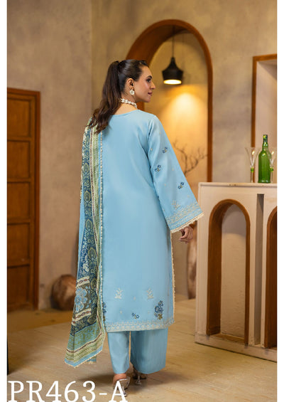 Tranquil Blue Embroidered 3-Piece Suit with Elegant Dupatta