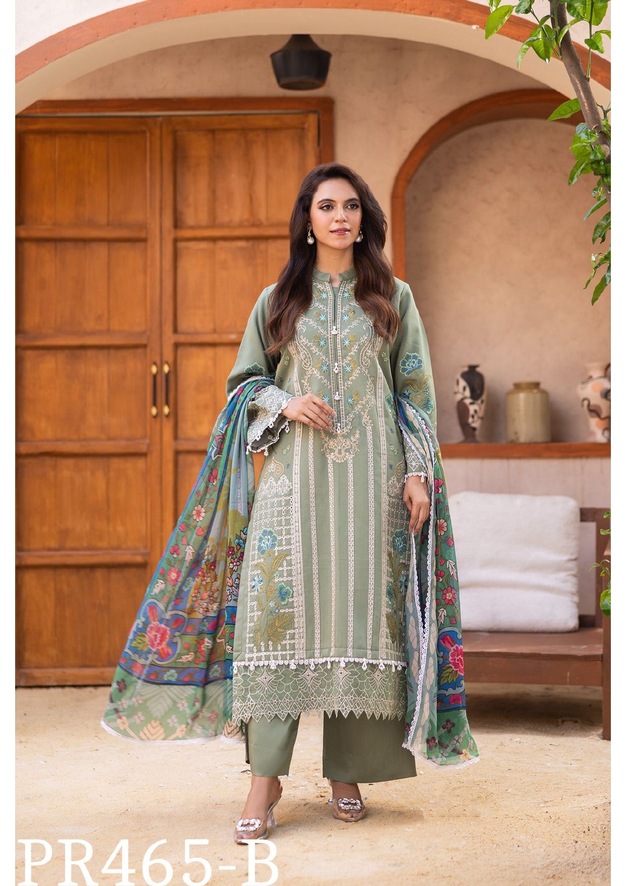 Graceful Olive Green Embroidered 3-Piece Suit with Floral Dupatta