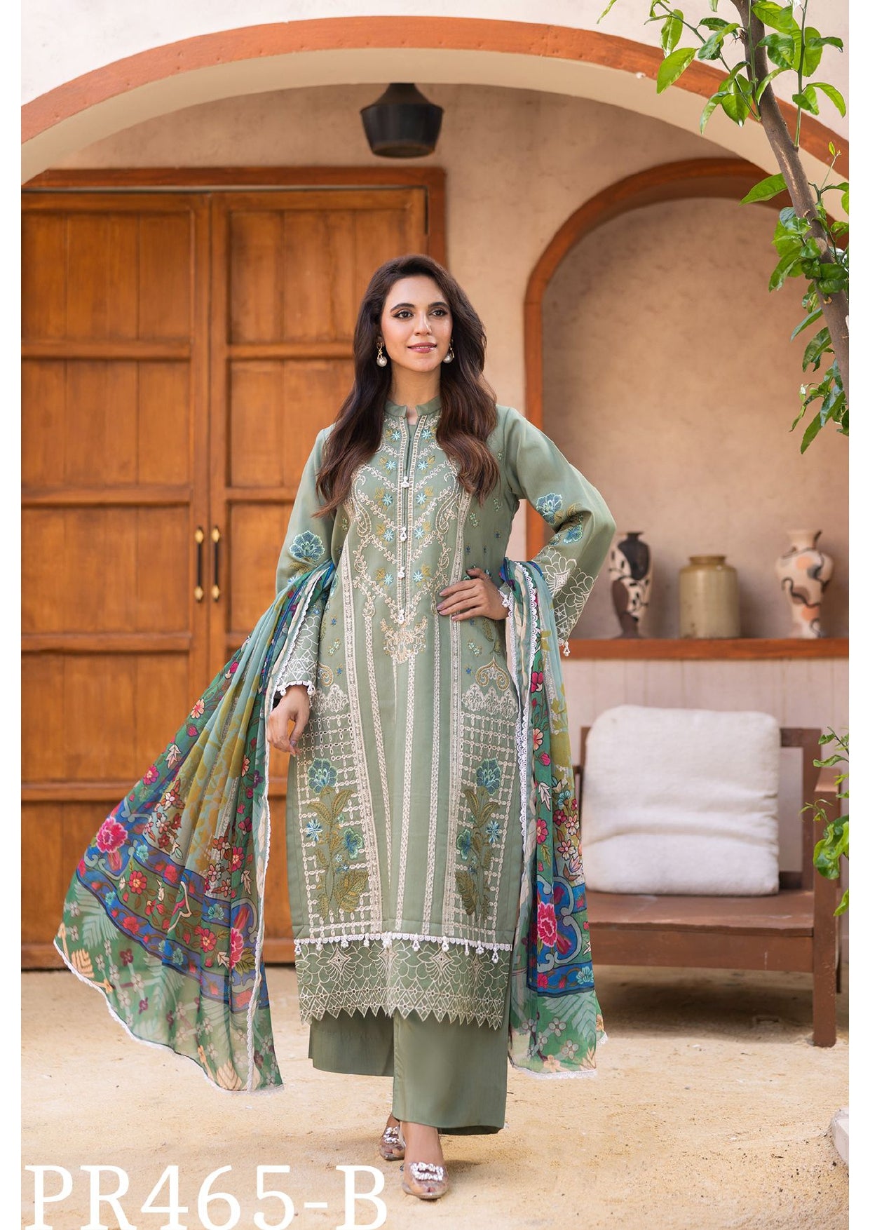 Graceful Olive Green Embroidered 3-Piece Suit with Floral Dupatta