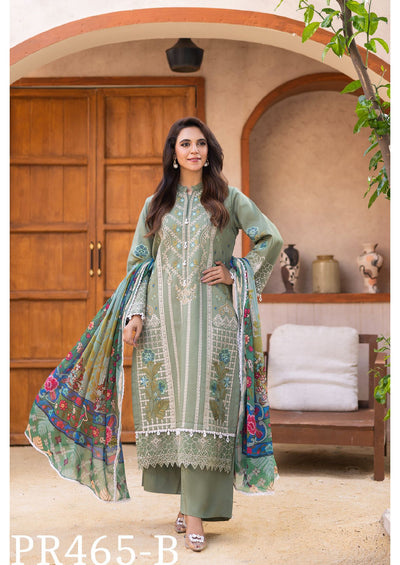 Graceful Olive Green Embroidered 3-Piece Suit with Floral Dupatta
