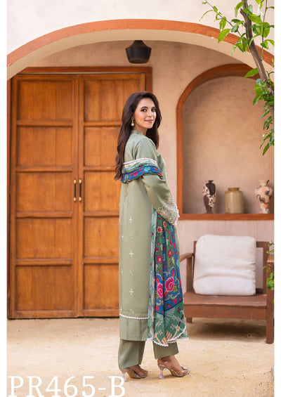 Graceful Olive Green Embroidered 3-Piece Suit with Floral Dupatta