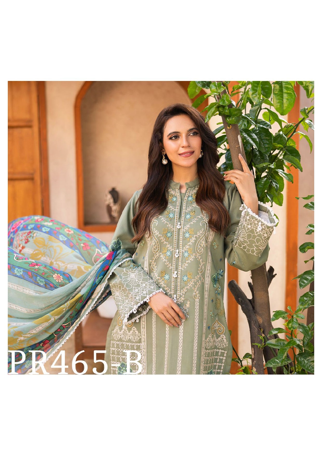Graceful Olive Green Embroidered 3-Piece Suit with Floral Dupatta