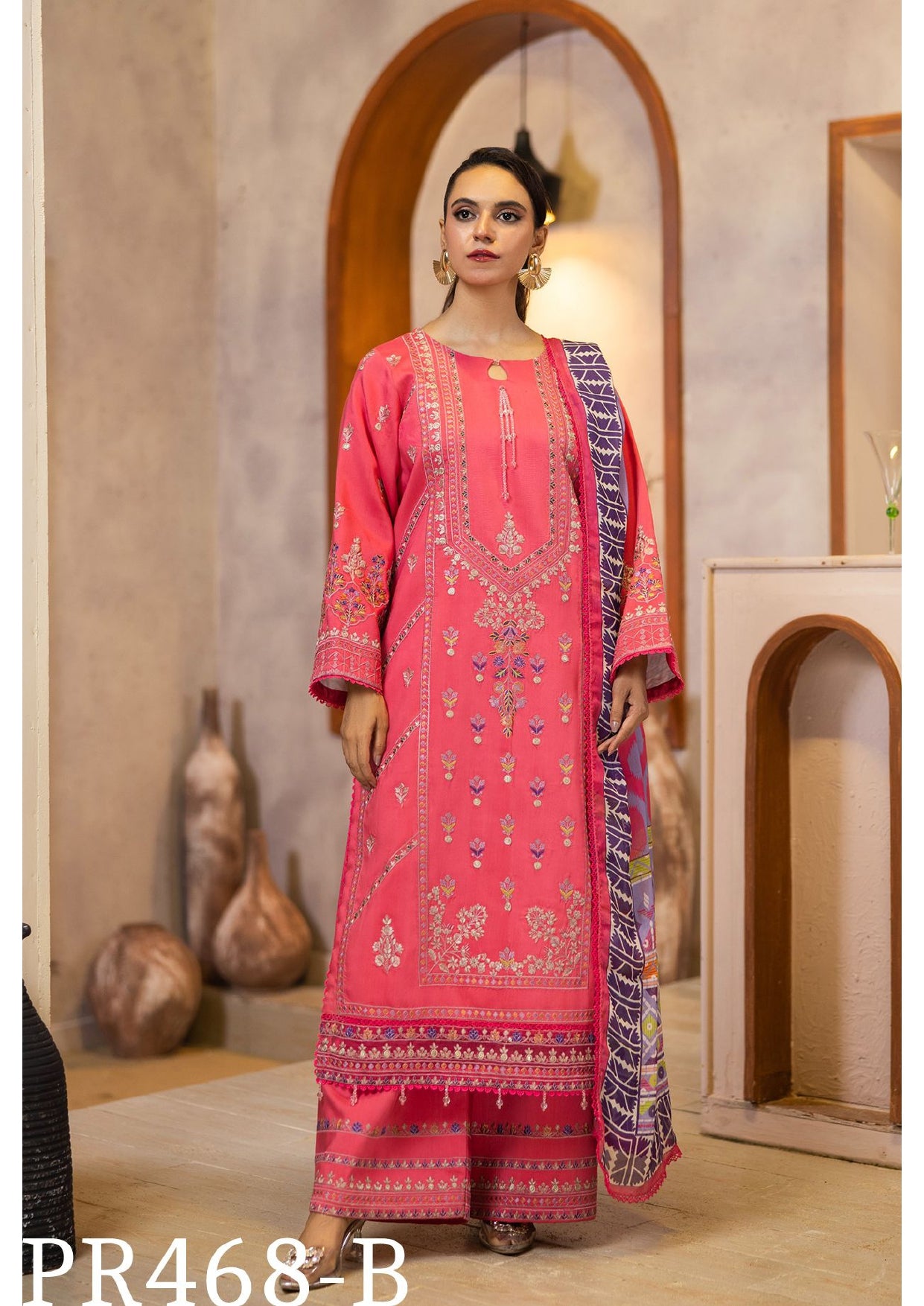 Charming Coral Pink Embroidered 3-Piece Suit with Geometric Dupatta