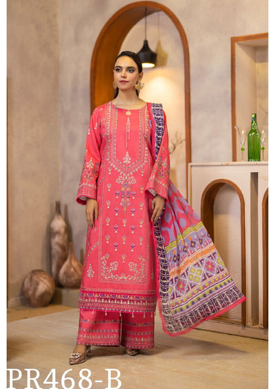 Charming Coral Pink Embroidered 3-Piece Suit with Geometric Dupatta