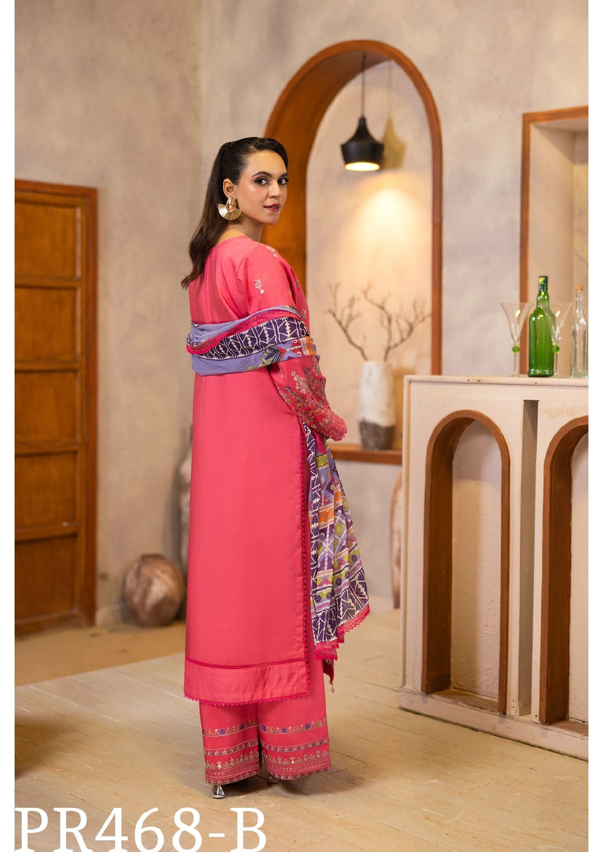 Charming Coral Pink Embroidered 3-Piece Suit with Geometric Dupatta