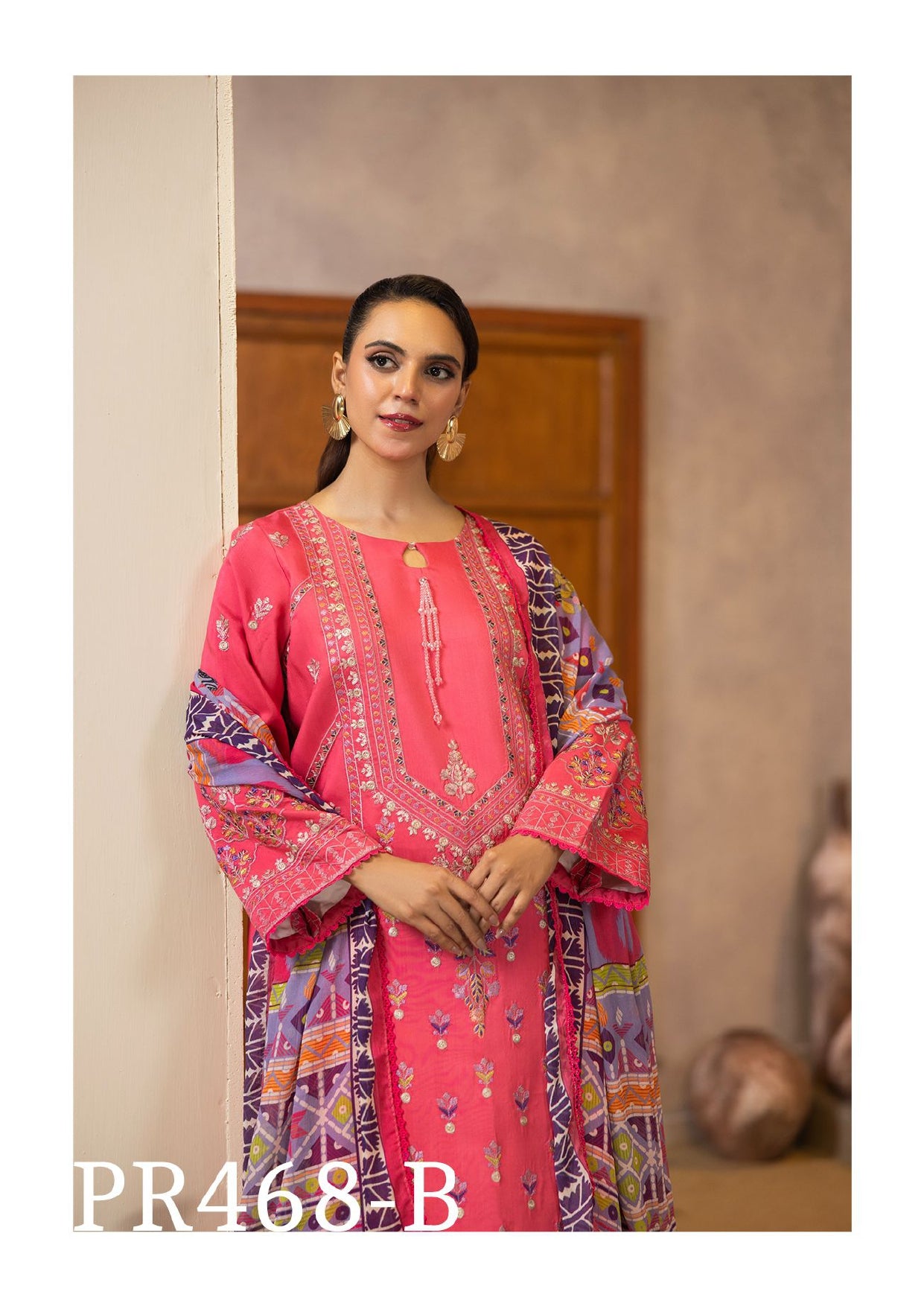 Charming Coral Pink Embroidered 3-Piece Suit with Geometric Dupatta