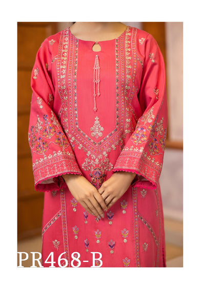 Charming Coral Pink Embroidered 3-Piece Suit with Geometric Dupatta