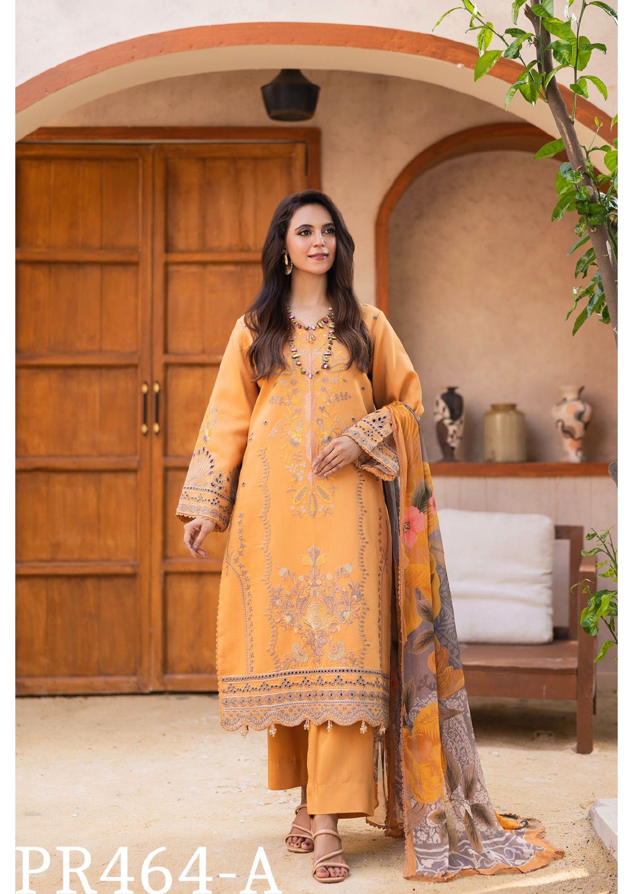 Golden Yellow Embroidered 3-Piece Suit with Floral Dupatta