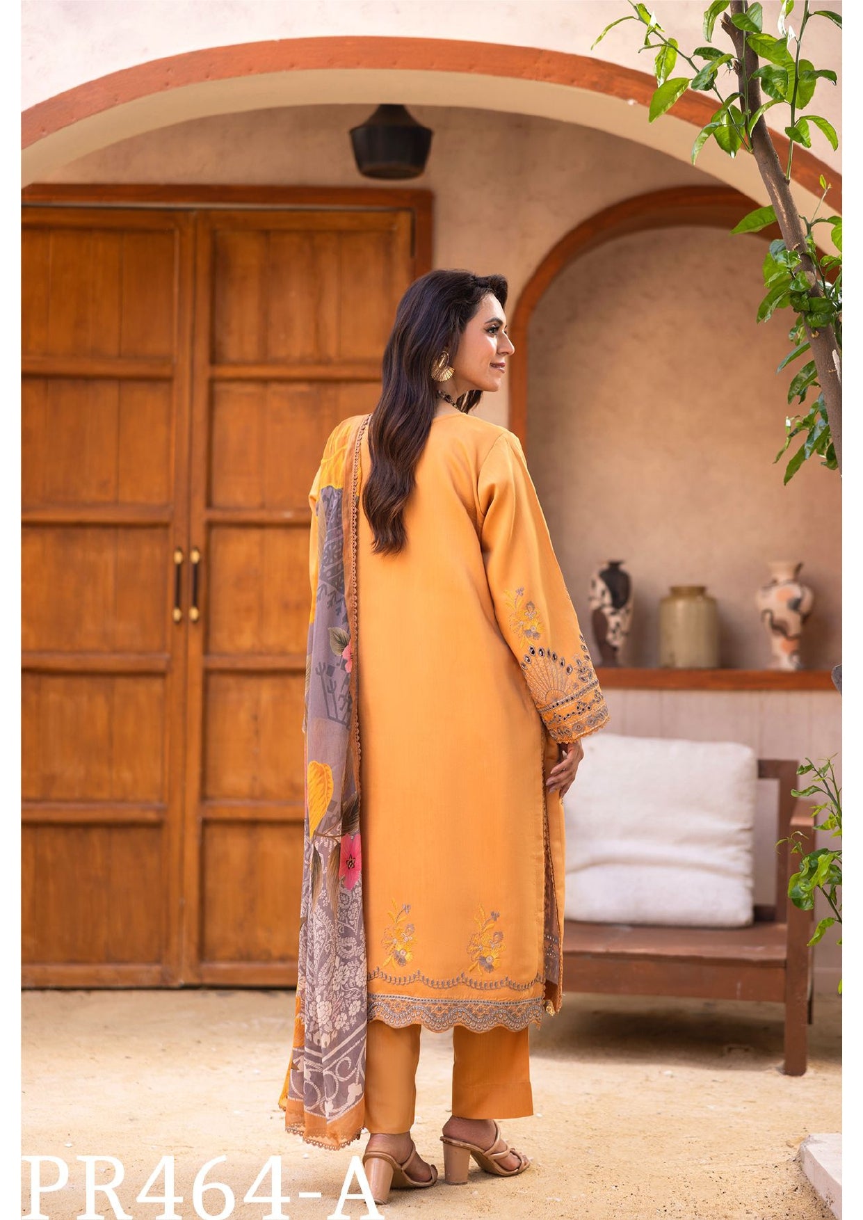 Golden Yellow Embroidered 3-Piece Suit with Floral Dupatta