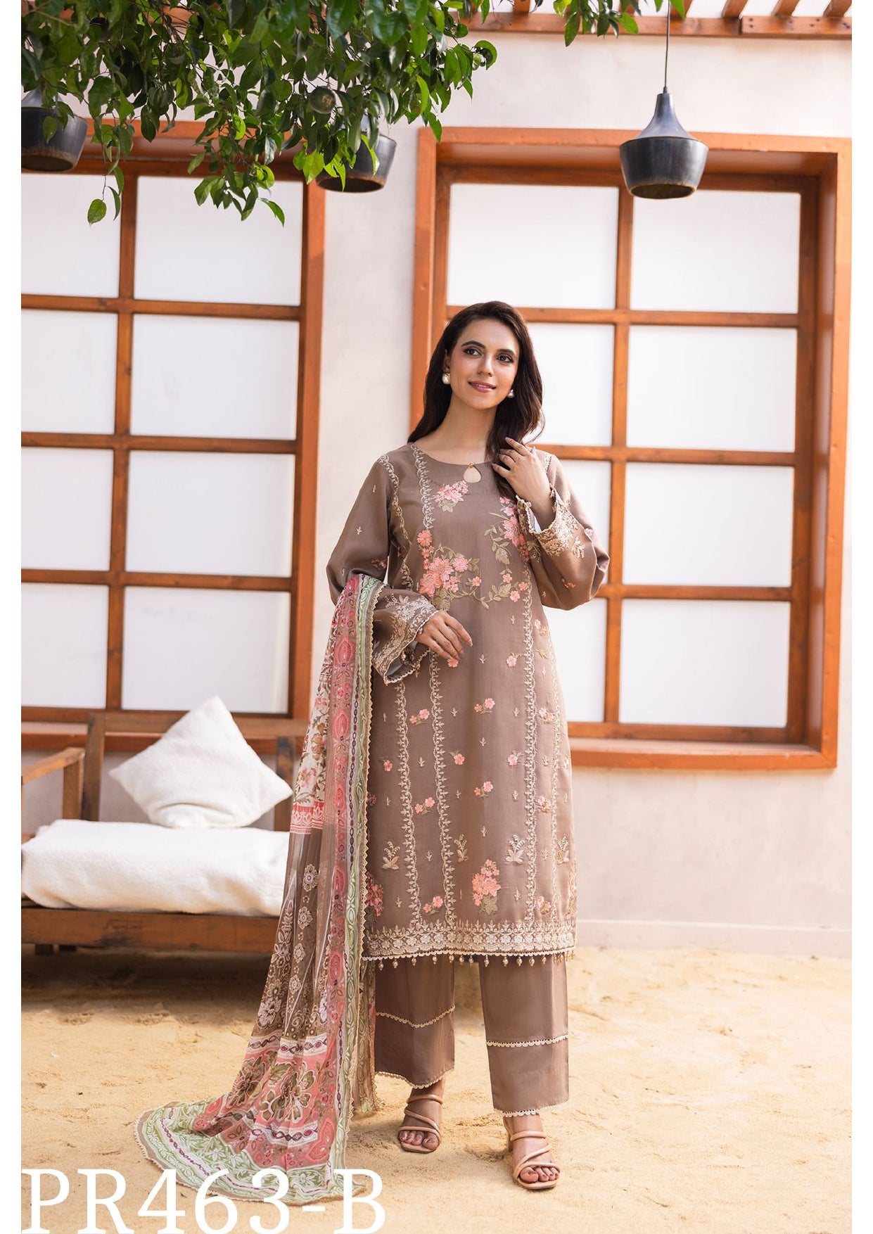 Elegant Beige Floral 3-Piece Embroidered Suit with Colorful Dupatta