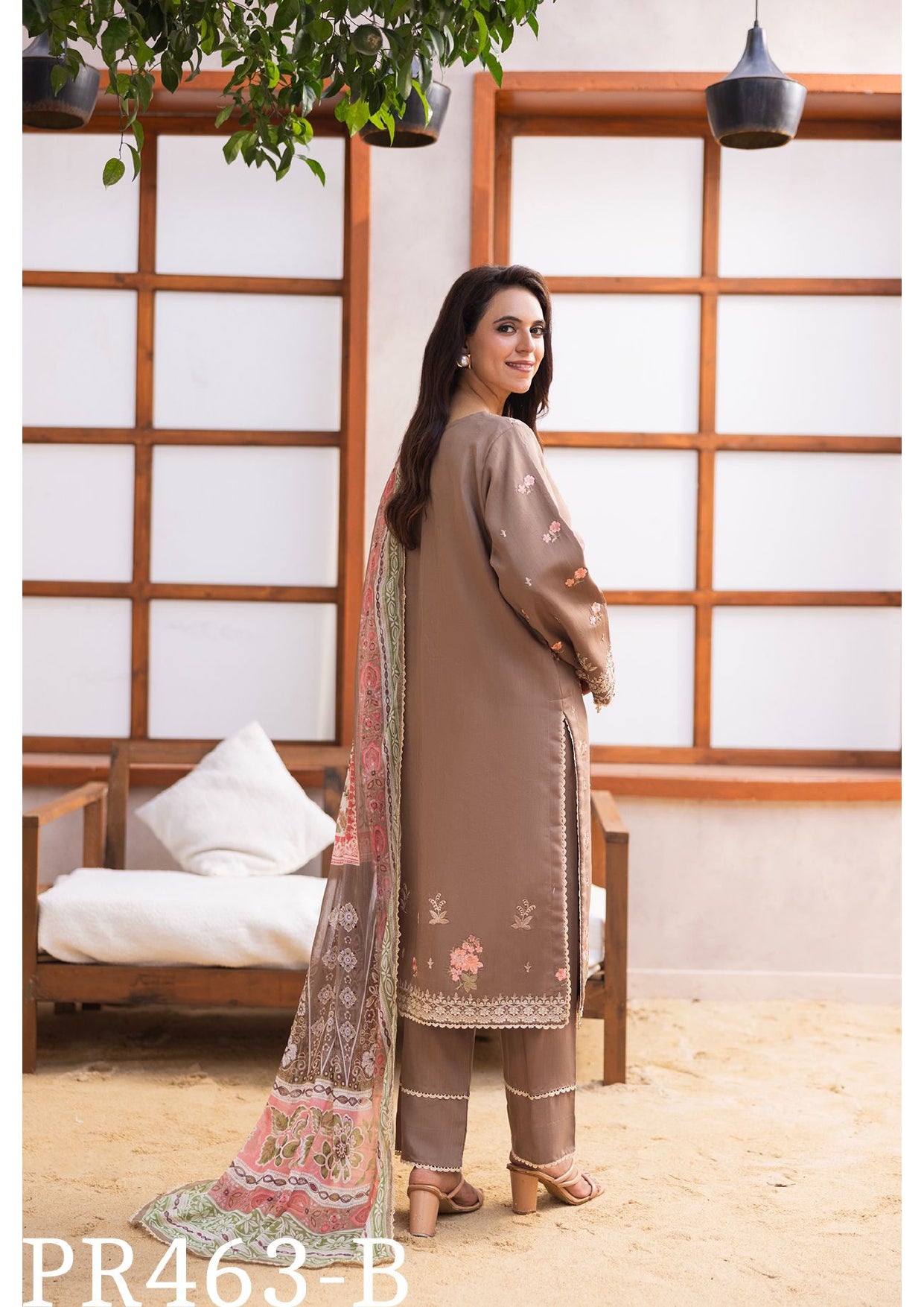 Elegant Beige Floral 3-Piece Embroidered Suit with Colorful Dupatta