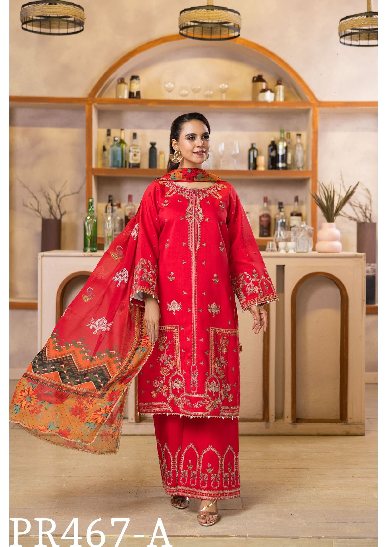 Vibrant Red Embroidered 3-Piece Suit with Floral Dupatta